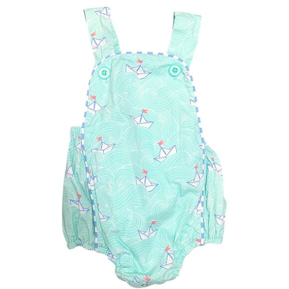 Serendipity by Shrimp and Grits Baby 3 Mo Green Sailboat Romper Bubble Nautical - Picture 1 of 10